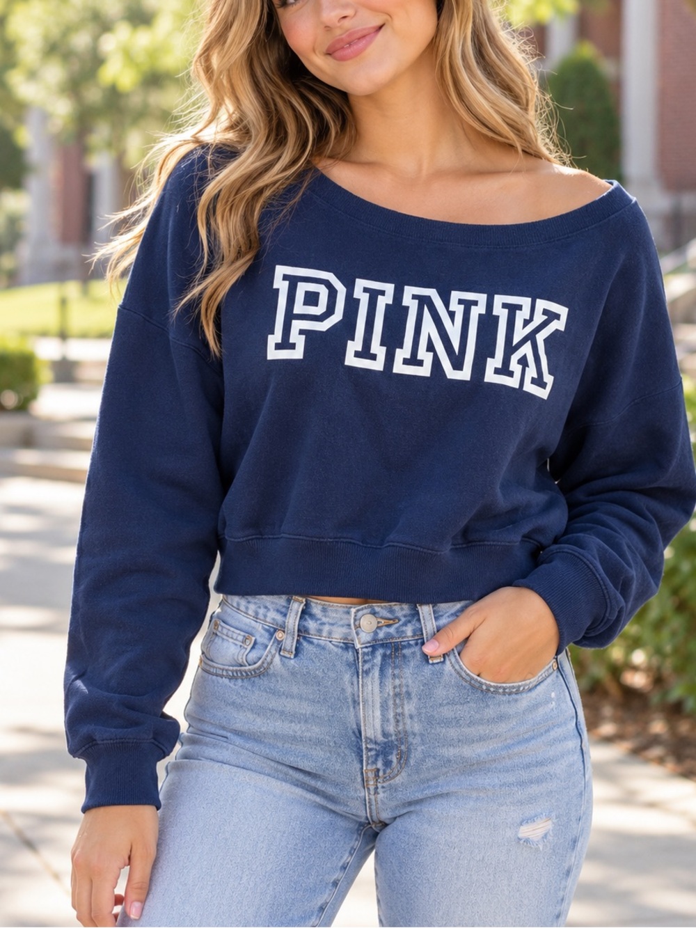Victoria’s Secret PINK Navy Cropped Sweatshirt XL Oversized Logo Pullover